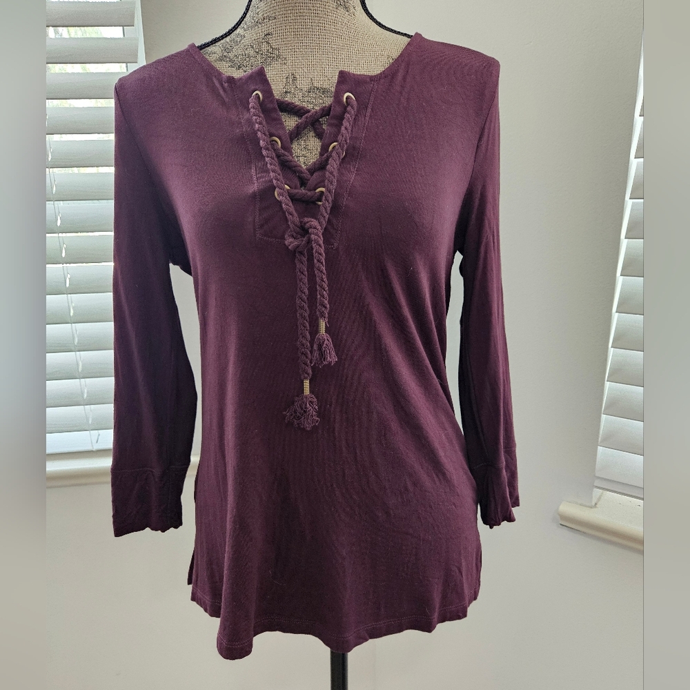 Democracy rope lace up neck 3/4 sleeve shirt in eggplant.